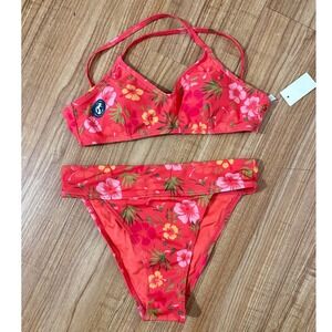 Aeropostale Bikini Set Coral Floral High Leg Women's Size S Recycled‎ Polyester